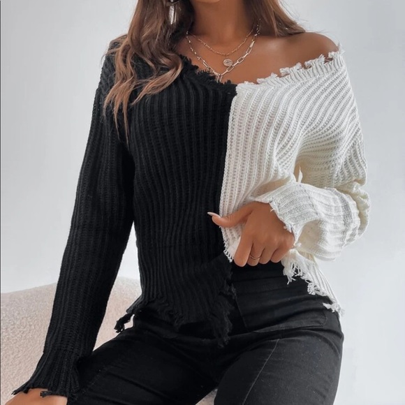 Color block distressed hem v neck sweater - Picture 6 of 11